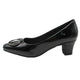Black patent leather shoe with a low heel on a white background
