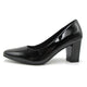 Black patent leather high heel shoe on a white background