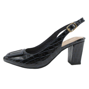 Black crocodile-patterned high-heeled shoe on a white background